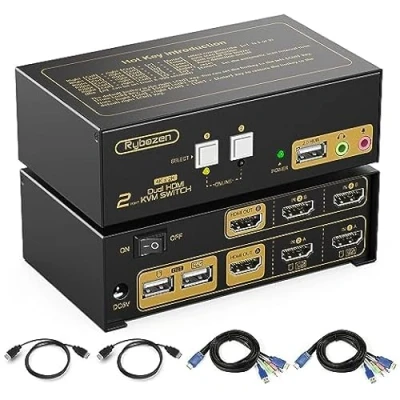 Imagen de KVM Switch 2 Monitores, HDMI 4K 30Hz Conmutador Ordenadores Monitor y 3 Dispositivos USB por Ejemplo Ratón Teclado Impresora, Soporte Copia Pantalla Extendida