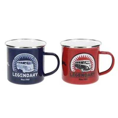 Imagen de BRISA VW Collection Volkswagen Juego de 2 tazas esmalte para café té o cappuccino camping T1 Bus (Legendary/Rojo/Azul)