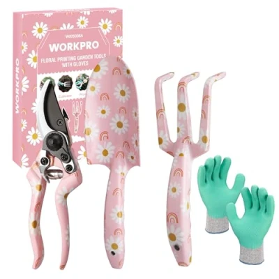 Imagen de WORKPRO Herramientas Jardineria 4PC, Juego de para Jardín con Rastrillo, Pala Mano, Tijeras Podar, Guantes, Estampado Floral, Rosa
