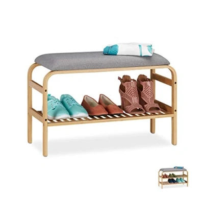 Imagen de Relaxdays Banco Zapatero Recibidor, Asiento Acolchado, 46x69x30cm, Organizador 3 Pares de Zapatos, Descalzadora, Natural, Bambú
