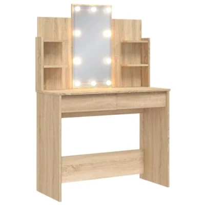 Imagen de vidaXL Tocador, Mesa con Luces LED Espejo Cajones Estantes, Tocador de Maquillaje, Mueble Almacenaje para Vestidor Dormitorio, Roble Sonoma