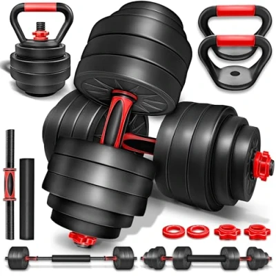 Imagen de RE:SPORT Juego de mancuernas 2 en 1, 15 30 kg, ajustables, cortas y largas, cierres estrella tubo conexión (Set con kettlebell 40 kg)