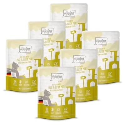 Imagen de MjAMjAM Comida húmeda Premium para Gatos Quetschie Duo de Pato tierno y Pavo Calidad sobre Calabaza al Vapor, Pack 6 (6 x 300g), sin Cereales con Extra Carne