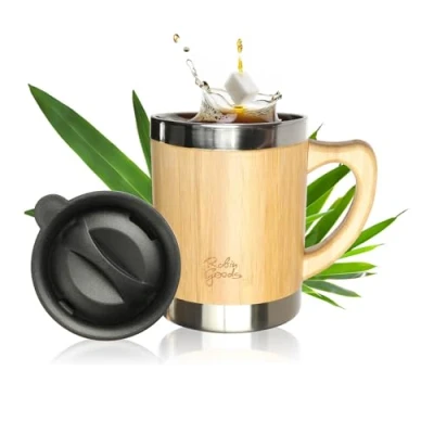 Imagen de Robin Goods® Vaso para Beber Fabricado en Acero Inoxidable y bambú de 300 ml Camping con asa Tapa irrompible Libre BPA (1 Pieza 300ml)