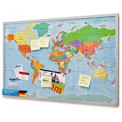 Imagen de Tablero de anuncios corcho del mapa mundial con marco 90x60 cm notas 20 banderas marcadoras Memoboard XXL
