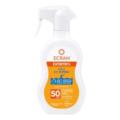 Imagen de Ecran Denenes Leche Protectora Solar FPS 50+ para Niños en Spray, 80 Minutos De Protección UVB, UVA e IR A, con Extracto Algodón y Vitamina E, Fórmula VitEox 80, Todo Tipo Piel 270 ml