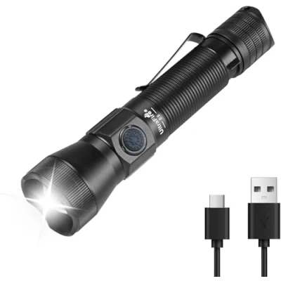 Imagen de ULTRAFIRE linterna táctica LED de 1350 lúmenes altos, pequeña brillante recargable por USB, 6 modos zoom, EDC, operación doble interruptor para patrullas trabajo, aplicación