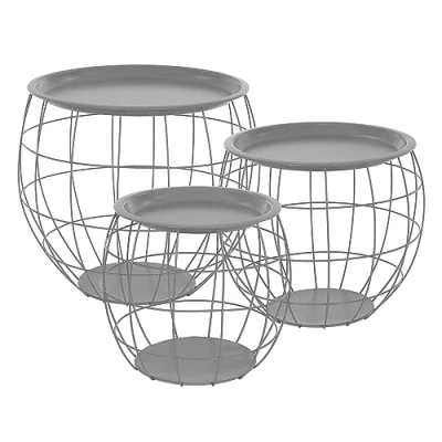 Imagen de ML Design Set de 3X Mesas Centro Auxiliares Redondas Cestas Metal Gris Mesitas Nido para Café y Té Tamaños Ø31cm / Ø38cm Ø47cm Tablero Desmontable Mueble Moderno con Espacio Almacenaje