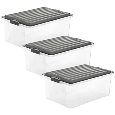 Imagen de Rotho Compact Juego de 3 Cajas Almacenamiento 38 L con Tapa, Plástico (PP) sin BPA, Gris Antracita/Transparente, x A3/38 (57.5 40.0 25.0 cm)