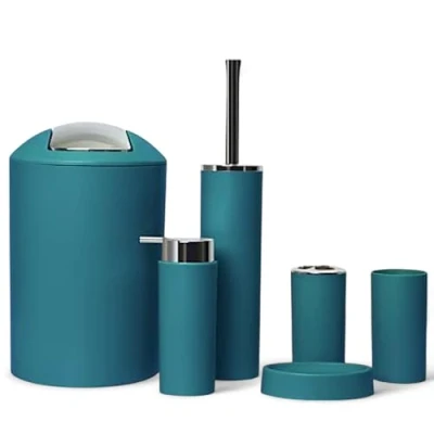 Imagen de GMMH Juego de 6 accesorios para el cuarto baño, dispensador jabón, escobilla inodoro, diseño 2 en turquesa oscuro