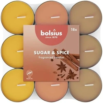 Imagen de Bolsius 18 Velas de té Aromáticas Azúcar y Especias Duración quema 3,5 horas Diámetro 38 mm Extractos Naturales Contiene Cera Vegana Sin Aceite Palma