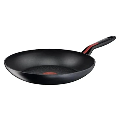 Imagen de Lagostina Línea roja Wok antiadherente de aluminio, diámetro 28 cm, olla inducción, gas y horno hasta 175 C, indicador cocción térmico, manicura silicona antideslizante