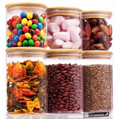 Imagen de Deco haus® Set 6 Tarros de Cristal Reutilizables Tapa Bambú Herméticos, Aptos Lavavajillas y Microondas Contenedor para Galletas, Pasta, Comida Seca, Cereales Alto 3x15/3x10cm Diámetro 10cm