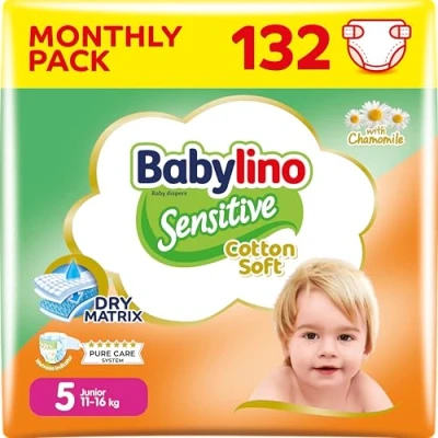 Imagen de Babylino Sensitive Cotton Soft, Pañales Bebé Talla 5, Junior (11 16 kg), 132