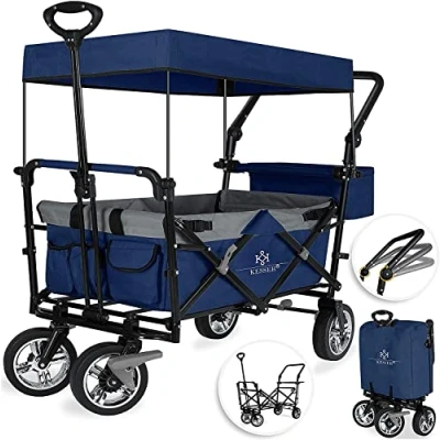 Imagen de KESSER® Carrito Plegable GT9000 Carro con Techo Incluye 2X Sistema de Cinturones 3 Puntos Neumáticos Goma Maciza hasta 80 kg Freno Delantero y Trasero + Bolsa Transporte, Azul Gris