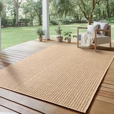 Imagen de SIMPEX Alfombra para Interior y Exterior Robusta, Resistente a la Intemperie fácil de Limpiar, con Efecto Yute Natural, Ideal salón, Cocina, terraza, jardín balcón, 120x170 cm