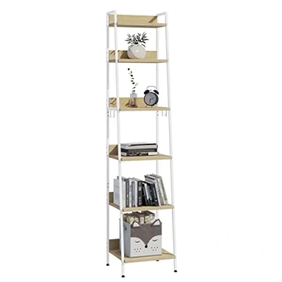 Imagen de WOLTU Escalera Estantería Blanca de Estilo Industrial, Almacenaje Madera y Metal con 4 Ganchos Extraíbles, Librería 6 Niveles para Salón, 41x36x187 cm
