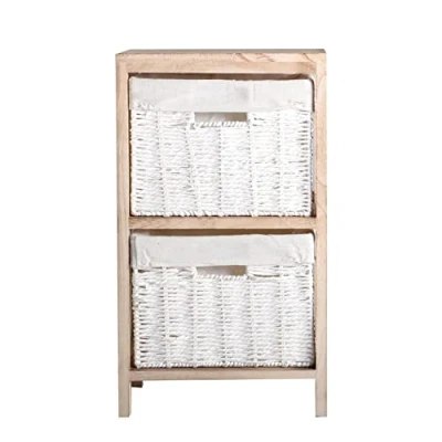 Imagen de Lastdeco Mesita YEGEN de Noche Natural/Blanco con Cajones Madera Paulownia 2 Mimbre 30 x 24 53 cm