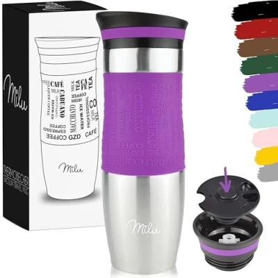 Imagen de Milu Taza aislante de café y té para llevar 370ml 450ml 100% a prueba fugas acero inoxidable beber vaso aislamiento al vacío Caliente frío (Púrpura, 450ml)