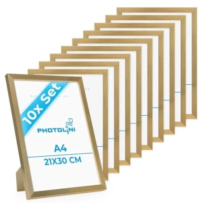Imagen de PHOTOLINI marcos A4 21x30 cm oro madera MDF, set de 10 para pósteres, cristal acrílico, colgar y poner pie, incluye accesorios fotos, láminas pósteres