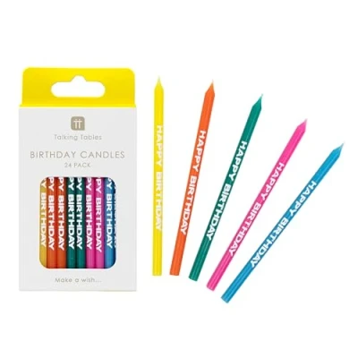 Imagen de Talking Tables 24 velas de feliz cumpleaños para decoración tartas niños o niñas, temática arcoíris brillante, amarillo, rosa, verde, azul y naranja, embalaje reciclable, arco iris