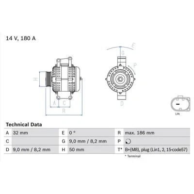 Imagen de BOSCH 0 986 084 590 Alternador 14V 180A MERCEDES BENZ: Vito Mixto, Sprinter 3.5 T Furgón, Viano
