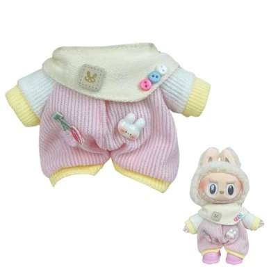 Imagen de Labubu Ropa para Muñeca de 17cm. Conjunto y Accesorios Peluche, Peto Rosa Bandana Amarilla (Peluche no Incluido).