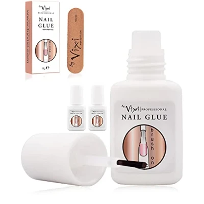 Imagen de 8g x3 By Vixi PEGAMENTO PARA UÑAS ULTRAFUERTE con PINCEL y LIMA de GRATUITA Adhesivo transparente secado instantáneo, calidad salón belleza profesional
