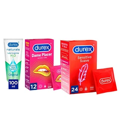 Imagen de Durex Preservativos Dame Placer + Sensitivo Suave Lubricante Naturals H20 Total 24 Condones Gel 100ml, color Rojo, 37 Unidad