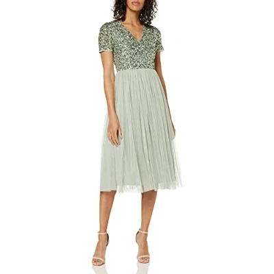 Imagen de Maya Deluxe Vestido de Noche Midi Adornado para Mujer, Cuello En V con Manga Corta Baile Graduación Y Boda Dama Honor, Lirio Verde, 40