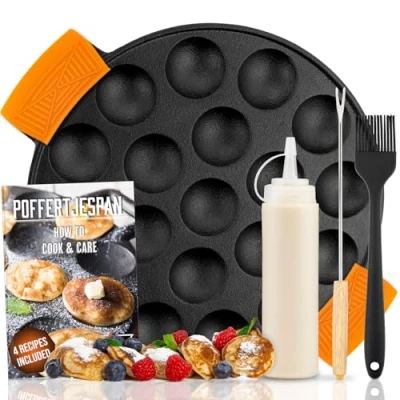 Imagen de IRONO Sartén de Hierro Fundido para Mini Panquecas Panquequera Pancakes Sarten 19 Panqueques, Poffertjes, Crepes,Tortitas Incluye Cepillo Mantequilla, Tenedor, asas, Botella la Masa
