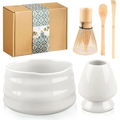 Imagen de BORDEAG Juego de té matcha 5 piezas para ceremonia del japonesa Hecho a mano con cuenco matcha, batidor, soporte escoba, cucharón, cucharilla y caja regalo (blanco)