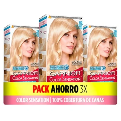 Imagen de Garnier Pack de 3 Cajas Coloración Color Sensation Garnier: Vivo y Duradero, Cobertura Completa Canas, Aplicación con Bol Pincel, Cabello Suave Sedoso, 110 Rubio Claro Ceniza