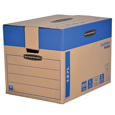 Imagen de BANKERS BOX SmoothMove Cajas de transporte y mudanza súper resistentes, doble espesor, con asas, no necesita cinta embalar, montaje automático FastFold, 127 litros, 45.5 x 60.5 cm, pack 5