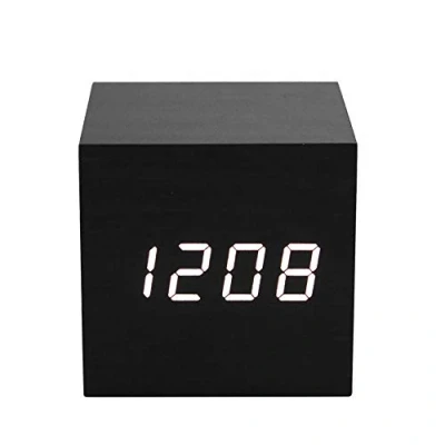 Imagen de ThreeH Reloj Despertador Digital con luz LED Madera Mini Cubo Escritorio Muestra Hora,Fecha,Temperatura para niños,Dormitorios,Hogar,Dormitorio,Viaje AC10 Amarillo_Blanco