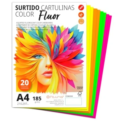Imagen de Cartulina A4, Cartulinas de Colores, 185g/m2 para Manualidades, Educación, Hogar, Arte o Empresas, Colores A4 Surtidos Ofituria (25 Cartulinas, Surtido Fluor)
