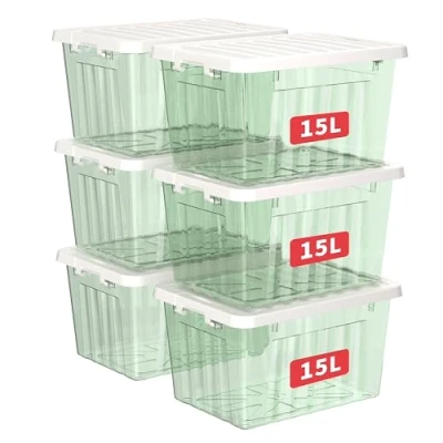 Imagen de Cetomo 15L*6 Cajas de Almacenamiento con Tapas, Contenedores Plástico Broches Enganche, Clip On, Apilables, Encajables, Organizador Rayado para Ropa Juguetes Armario, Verde Claro, 15L 6 Pack