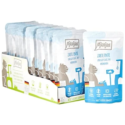 Imagen de MjAMjAM comida húmeda premium para gatos Quetschie tierno pato y ave con deliciosas zanahorias, pack de 12 (12 x 125 g), sin cereales extra carne