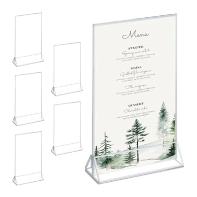Imagen de Relaxdays Juego Mesa DIN A5 Set de 6 Soportes Sobremesa, Boda, Cartas Menú y Fotos, Expositor Acrílico, Transparente/Plata