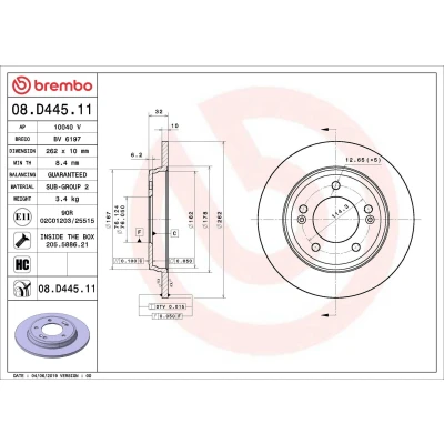 Imagen de BREMBO 08.D445.11 Disco de freno 262 10 5 macizo revestido altamente carbonizado con tornillos HYUNDAI: Ioniq, i20 III, Elantra V Berlina