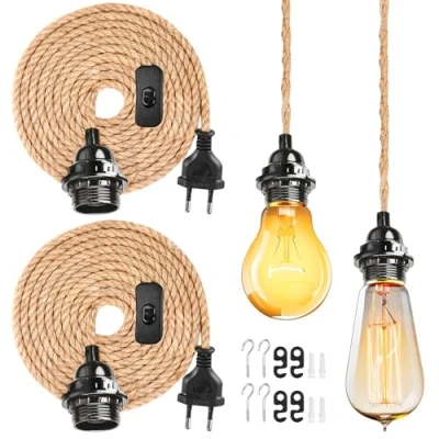 Imagen de 2 portalámparas E27 con cable, casquillo trenzado de 4,5 m lámpara colgante vintage, interruptor, cable cáñamo, para comedores, granjas, casa loft, sin bombilla