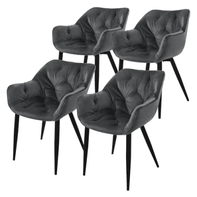 Imagen de ML Design Set 4x Sillas de Comedor con Respaldo y Reposabrazos Asiento Antracita Tapizado Funda Terciopelo Grueso Patas Metal Sillón Diseño Ergonómico Moderno para Salón, Escritorio o Cocina
