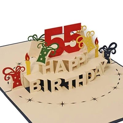 Imagen de Favour Pop Up® Tarjeta de felicitación 3D para 55 cumpleaños redonda. Una obra arte filigrana que se desarrolla como pastel cuando abre. ALTA55B