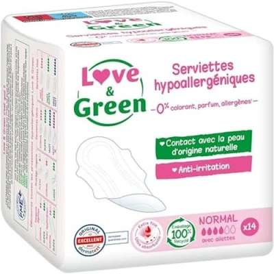 Imagen de Love &amp; Green Compresas hipoalergénicas normales (0%, 14 unidades)