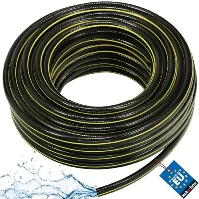 Imagen de KOTARBAU® Manguera de jardín 3/4&quot;, 50 m, 4 capas, PVC reforzada, Antitorsión, Negro, profesional para regar plantas, jardín, agua, riego flexible