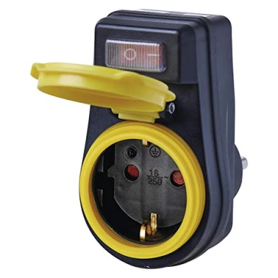 Imagen de EMOS P00292 Enchufe Interruptor, IP44 Impermeable, Adaptador Schuko con Tapa Protectora para Exteriores, Negro