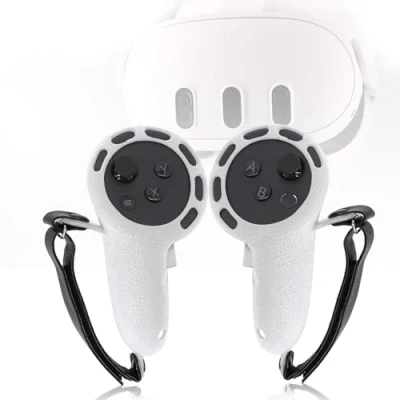 Imagen de Funda de agarre controlador compatible con accesorios Meta/Oculus Quest 3, protector silicona correas nudillos (blanco, 1 par)