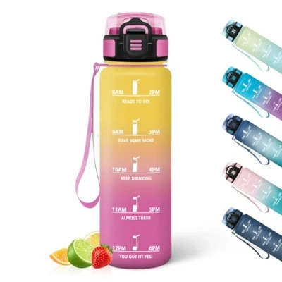 Imagen de HoneyHolly Botella Agua, 1L, Marcador de Tiempo, Portátil, Water Bottle, Reutilizable, Agua Gimnasio, A Prueba Fugas, Cantimplora para Ciclismo, Oficina y Exteriores
