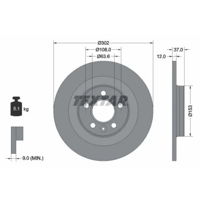 Imagen de TEXTAR 92304703 Disco de freno 302 12 05/06 108 macizo revestido sin perno sujeción rueda, buje rueda VOLVO: XC40
