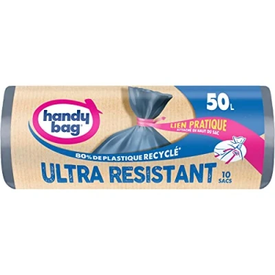 Imagen de Handy Bag Bolsas de basura con enlace, muy resistente, 50 x 10 bolsas, fondo antifugas, estanqueidad máxima, enlace práctico adjunto a la parte superior bolsa, 100% plástico reciclado